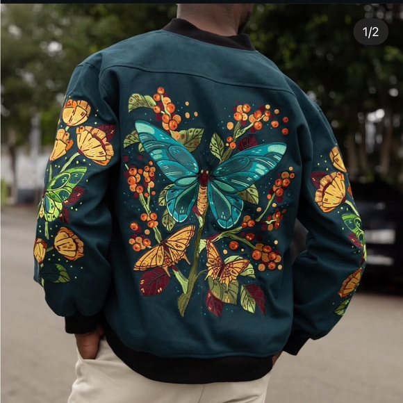 Morning Witch Jackets & Blazers - Morning Witch Emerald Dream Cotton Twill Embroidered Butterfly Bomber Jacket